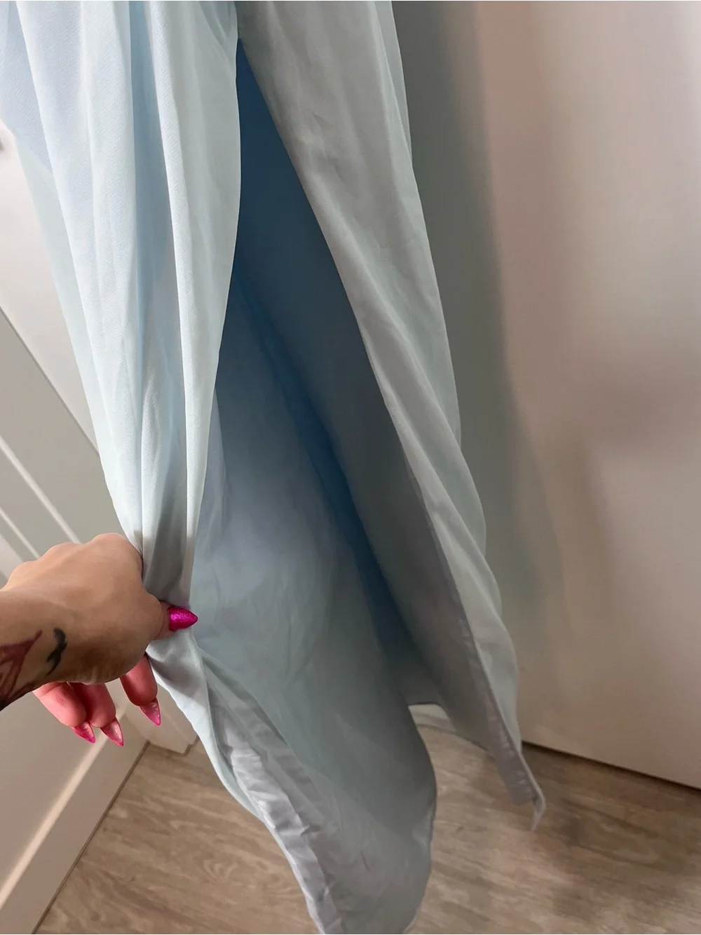 Azazie Jasmine Mist Sheath Side Slit Chiffon Blue Spaghetti Strap Maxi Dress NWT - Picture 8 of 9